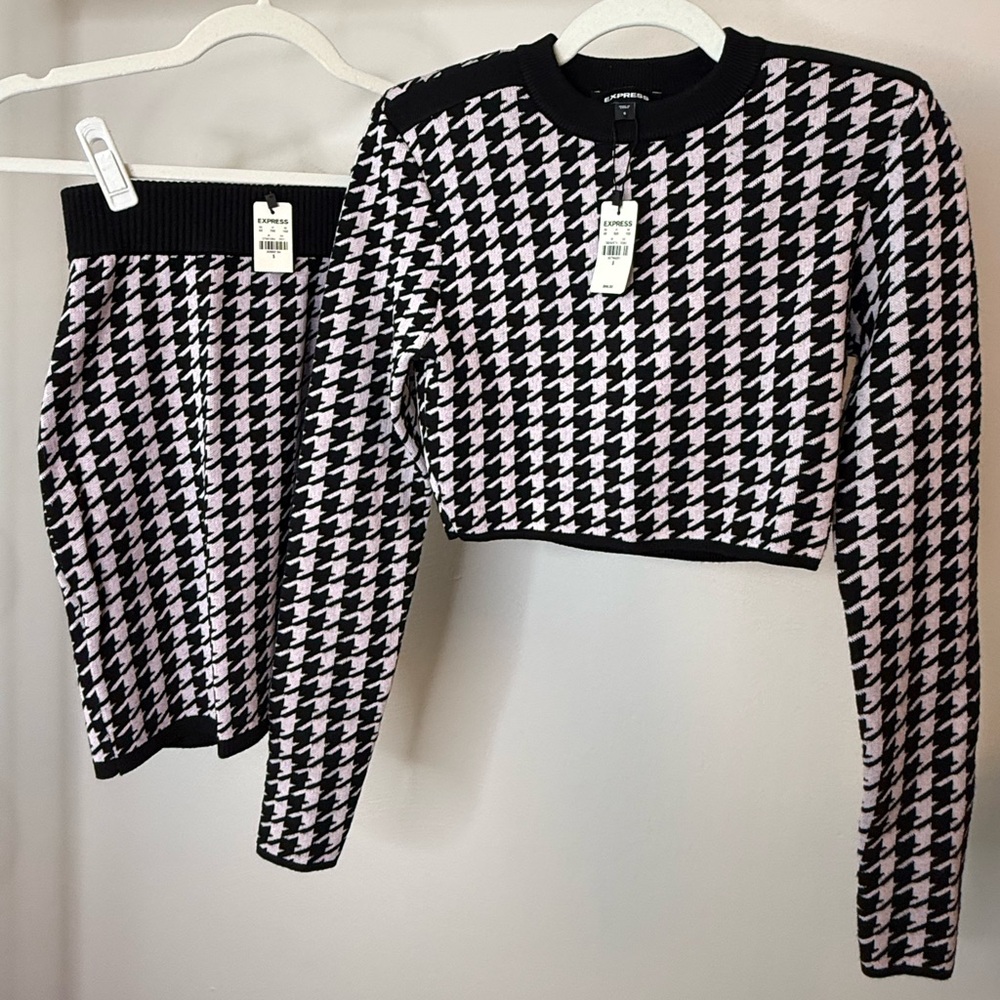 Express Pink & Black Houndstooth Cropped Cardigan Set - Express - Picture 1 of 3